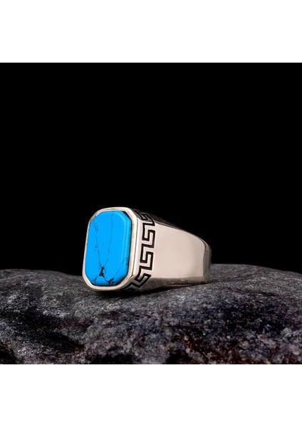 925 Ayar Gümüş Turkuaz Taşlı Desen Mitfli Erkek Yüzük fiyatları