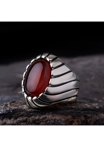 925 Ayar Gümüş Akik Taşlı Oval Model Erkek Yüzük fiyatları