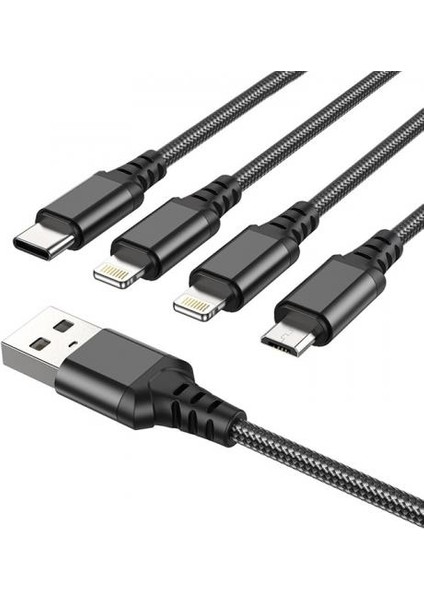 4in1 1 Metre Type-C, 2x iPhone Lightning, Micro USB Şarj ve Data Kablosu, 2A Halat Kablo