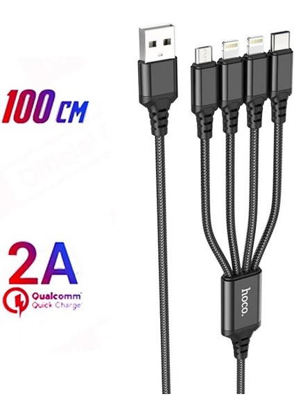 4in1 1 Metre Type-C, 2x iPhone Lightning, Micro USB Şarj ve Data Kablosu, 2A Halat Kablo