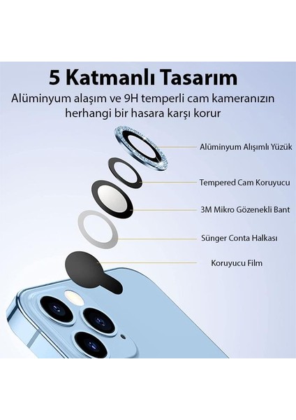 Diamond Taş Işlemeli iPhone 14 Pro-14 Pro Max Kamera Koruyucu Lens, 0.2mm 5 Katmanlı Kırılmaz