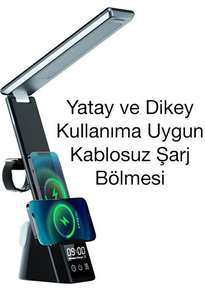 7in1 15W Kablosuz Şarjlı Katlanabilir Masa Lambası, 3 Modlu Işık, Saatli,alarmlı Masa Lambası