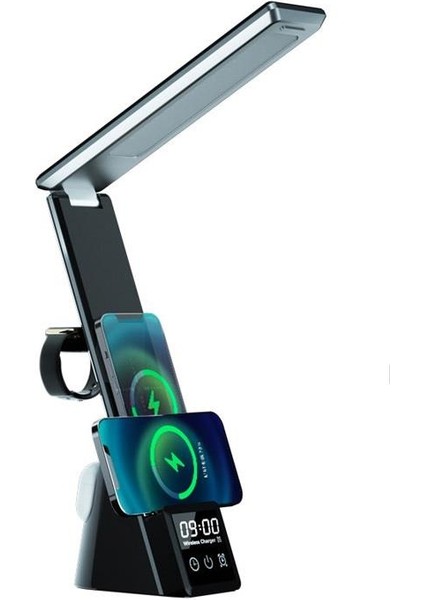 Kablosuz Masaüstü Şarj Standı Dijital Saatli LED Işıklı Katlanabilir Çalışma Masa Lambası Gece Lambası