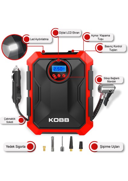 Kobb KB200 12VOLT 150 Psı Ayarlanabilir Dijital Basınç Göstergeli Hava Lastik Şişirme Pompası