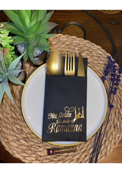 Gold Yaldızlı Siyah Hoş Geldin Ya Şehri Ramazan Cepli Peçete 12 Lı 40X40