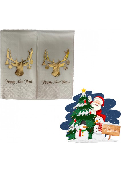 Gold Yaldızlı Beyaz Yılbaşı Geyik Modeli Peçete