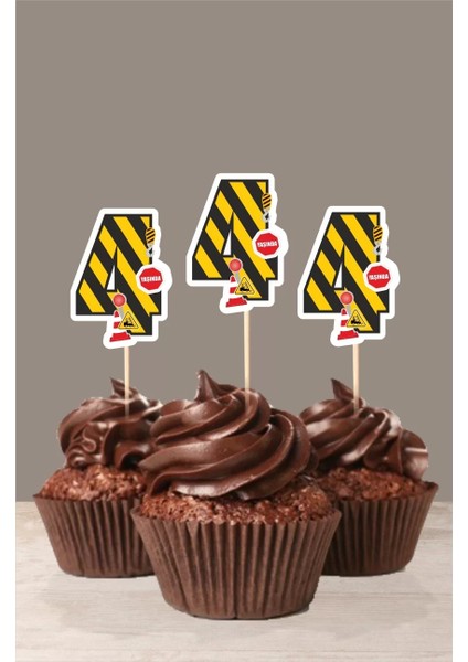 Iş Makinaları Temalı * 4 (Dört) Yaşında Cupcake Süsü '10LU