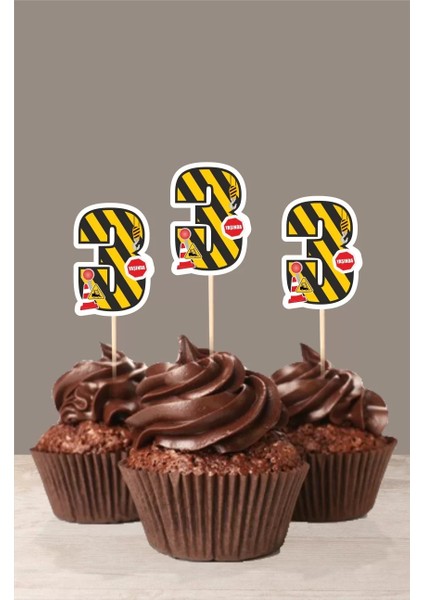 Iş Makinaları Temalı * 3 (Üç) Yaşında Cupcake Süsü '10LU