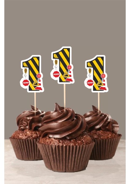 Iş Makinası Temalı * 1 (Bir) Yaşında Cupcake Süsü '10LU