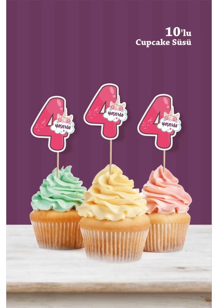 Unicorn Temalı * 4 (Dört) Yaşında Cupcake Süsü '10LU