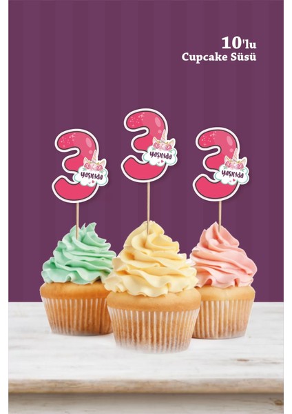Unicorn Temalı * 3 (Üç) Yaşında Cupcake Süsü '10LU