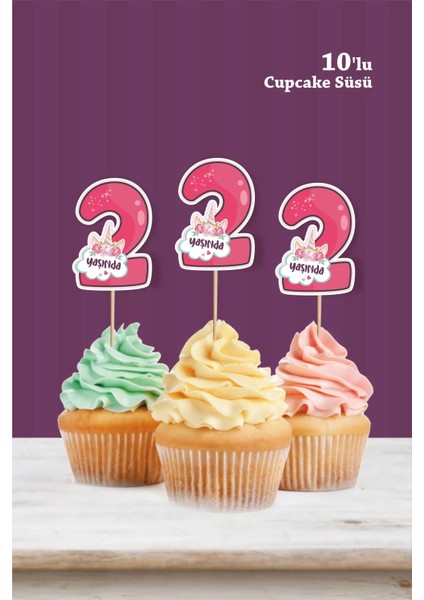 Unicorn Temalı * 2 (Iki) Yaşında Cupcake Süsü '10LU