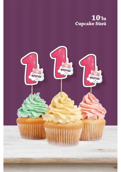 Unicorn Temalı * 1 Yaşında Cupcake Süsü '10LU