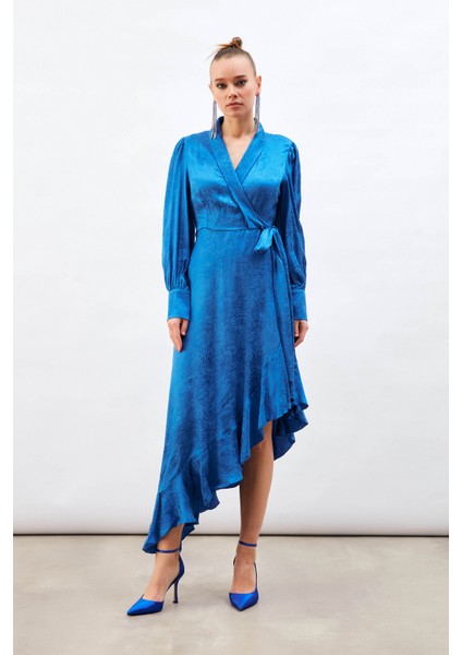 Jakarlı Asimetrik Elbise - Sax Mavi fiyatları