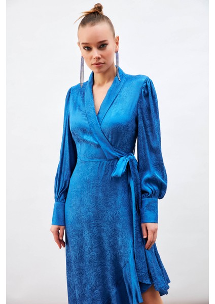 Jakarlı Asimetrik Elbise - Sax Mavi modelleri