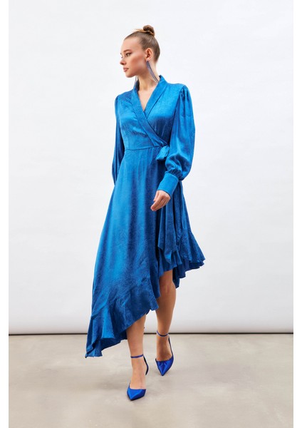 Jakarlı Asimetrik Elbise - Sax Mavi fırsatları