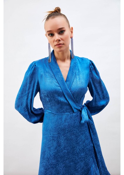 Jakarlı Asimetrik Elbise - Sax Mavi indirimleri