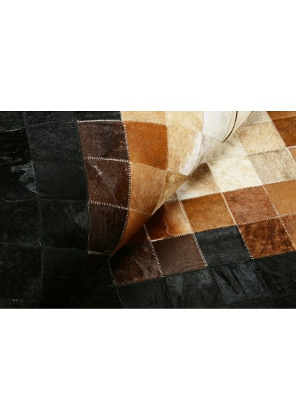 Siyah & Krem Doğal Dana Derisi Patchwork Halı 120 x 180 cm