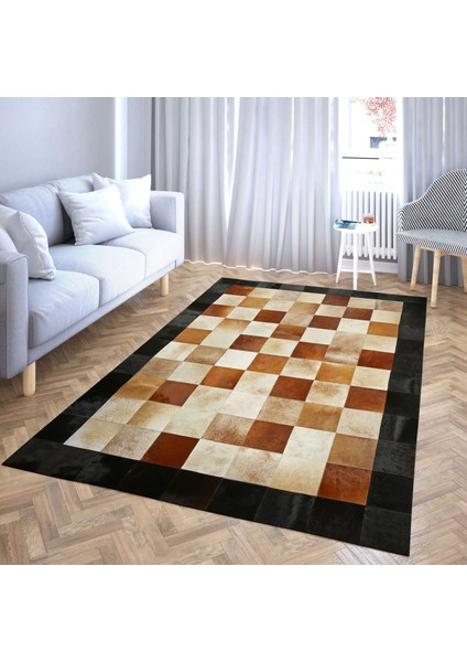 Siyah Bordürlü Doğal Dana Derisi Patchwork Halı 120 x 180 cm