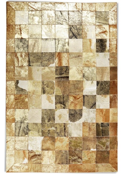 Yeşil & Sarı Gold Varaklı Dana Derisi Patchwork Halı 80 x 150 cm