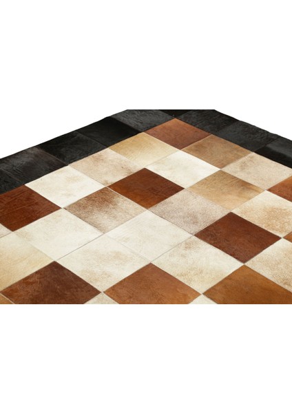 Siyah Bordürlü Doğal Dana Derisi Patchwork Halı 80 x 150 cm
