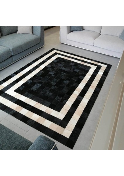 Siyah & Krem Dana Derisi Patchwork Halı 170 x 240 cm