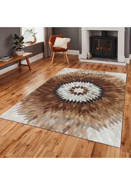 Baklava Desenli Kahverengi Dana Derisi Patchwork Halı 80 x 150 cm