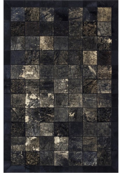 Siyah Renk Altın Varaklı Dana Derisi Patchwork Halı 80 x 150 cm