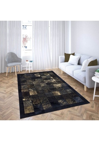 Siyah Renk Altın Varaklı Dana Derisi Patchwork Halı 80 x 150 cm