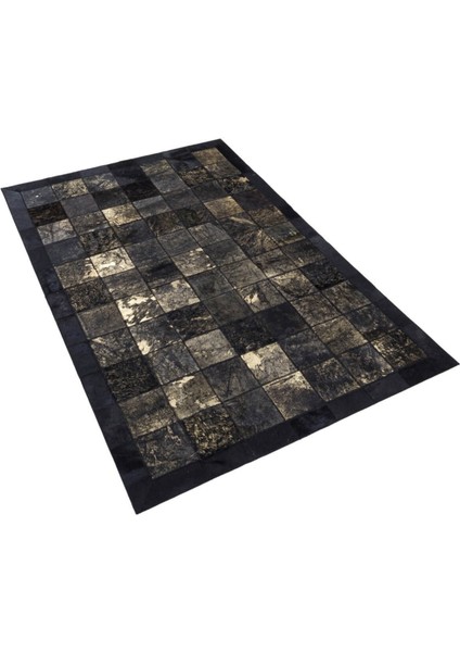Siyah Renk Altın Varaklı Dana Derisi Patchwork Halı 80 x 150 cm