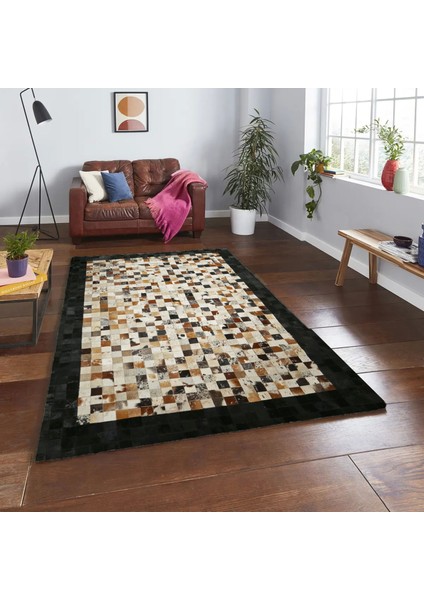 Siyah Bordürlü Çok Renkli Doğal Dana Derisi Patchwork Halı 160 x 230 cm fiyatları