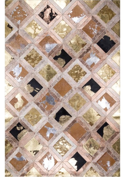Altın Varaklı Dana Derisi Patchwork Halı 80 x 150 cm