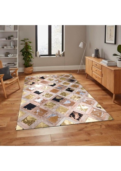 Altın Varaklı Dana Derisi Patchwork Halı 80 x 150 cm