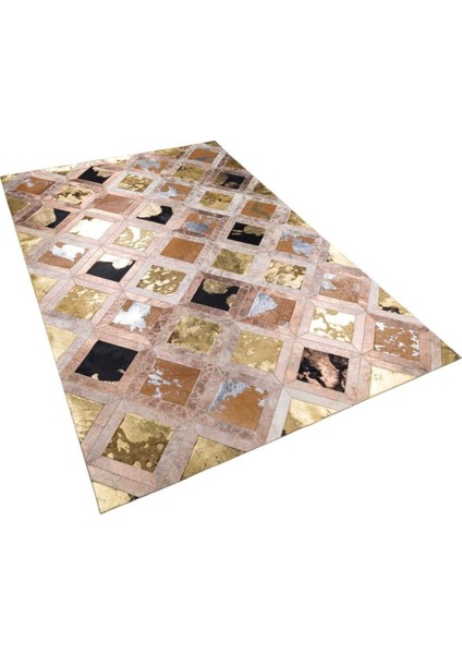 Altın Varaklı Dana Derisi Patchwork Halı 80 x 150 cm