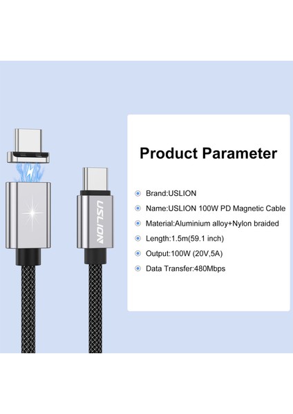 Pd 100W USB C USB Type Manyetik Kablo 5A Hızlı Şarj USB C Kablosu (Yurt Dışından)