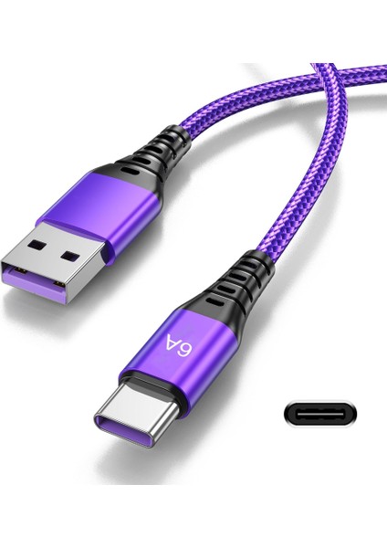 USB C USB C 66W Hızlı Şarj Kablosu Type Şarj Kablosu Telefon Tabletleri Mor (Yurt Dışından)