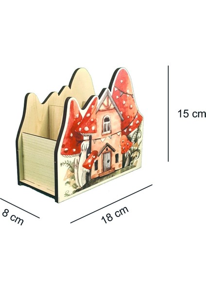 Ahşap Şirin Mantar Evi Masaüstü Kalemlik Kalem Kutusu ve Organizer