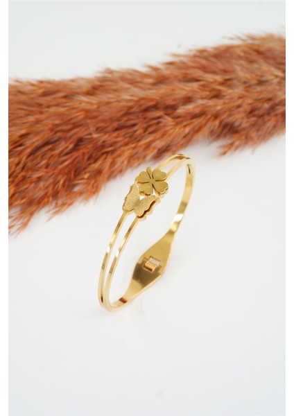 Kadın 316 L Paslanmaz Çelik Anti Alerjenik Yonca ve Kelebek Model Çelik Bileklik