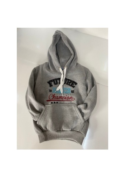 Gri Baskılı Kanguru Cepli Kapşonlu Sweatshirt