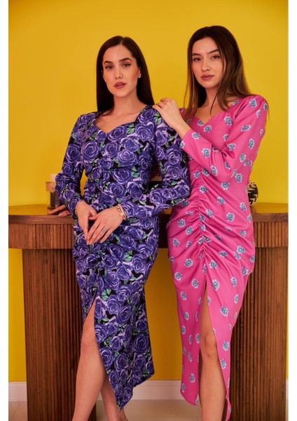 Desenli ve Büzgülü Elbise