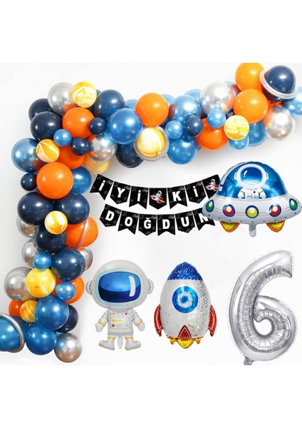 Uzay Temalı Doğum Günü Seti ; 4 Adet Folyo, 56 Lateks Balon, Banner, Balon Zinciri, Balon Bandı