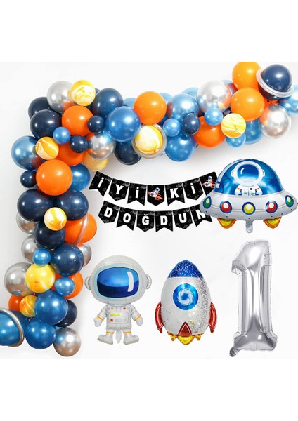 Uzay Temalı Doğum Günü Seti ; 4 Adet Folyo, 60 Lateks Balon, Banner, Balon Zinciri, Balon Bandı