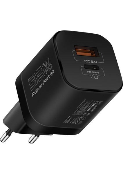 Powerport-33 Gan 33W Qualcomm Süper Hızlı Type-C Pd , USB Ultra Kompakt Duvar Şarj Cihazı, Aşırı Gerilim Koruması