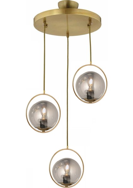 Modern Füme Glop Camlı Daire Model Üçlü Gold Sarkıt Avize