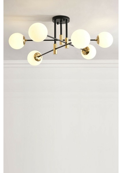 Modern Beyaz Glop Camlı Çapraz Model Altılı Siyah Avize