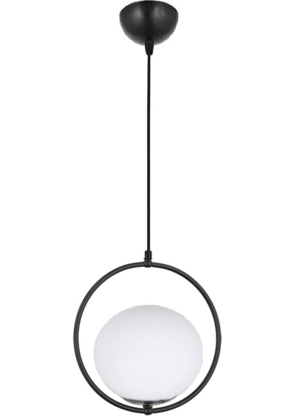 Modern Beyaz Glop Camlı Daire Model Tekli Siyah Sarkıt Avize