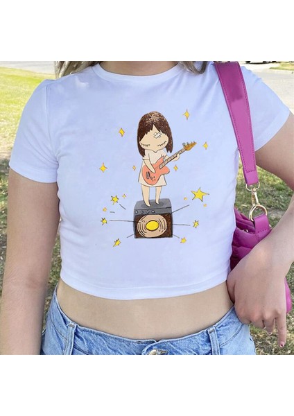 Guitarist Girl Baskılı Beyaz Crop