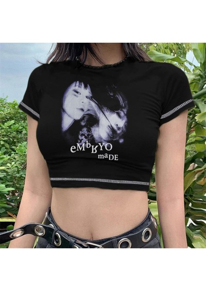 Embryo Made Baskılı Ters Dikiş Siyah Crop