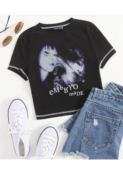 Embryo Made Baskılı Ters Dikiş Siyah Crop fiyatları