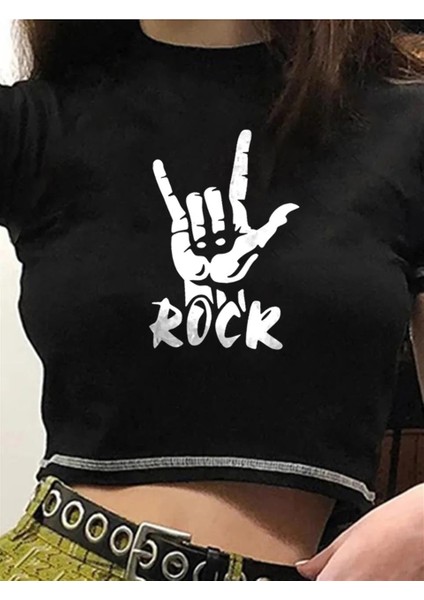 Rock Baskılı Ters Dikiş Siyah Crop